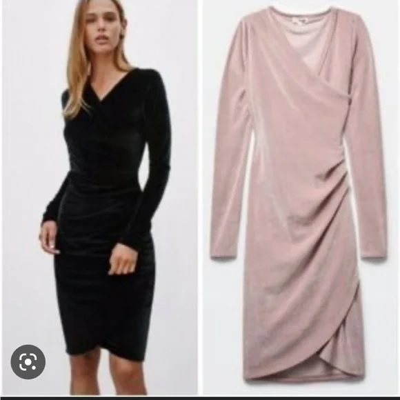 Aritzia Wilfred Free Klum Blush Pink Velvet Faux Wrap Longsleeve Dress large - Picture 2 of 15